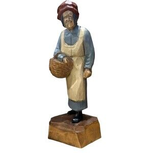 Wood Carved Old Lady Figurine Vintage Farm Country Folk Art Balsa Wood 10" tall
